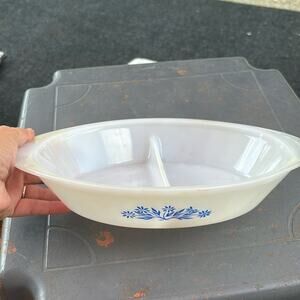 Vintage Glasbake Divided Casserole Dish J-2352 Blue Daisy Milk Glass Oval